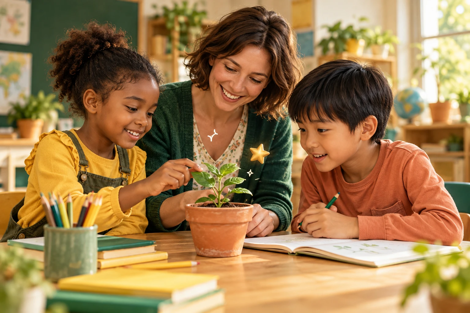 Une enseignante et deux enfants découvrent une jeune plante en classe